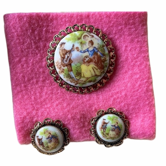 Vintage Jewelry - Vintage "La Reine" Limoges France Courtship Brooch and Earrings Set Porcelain